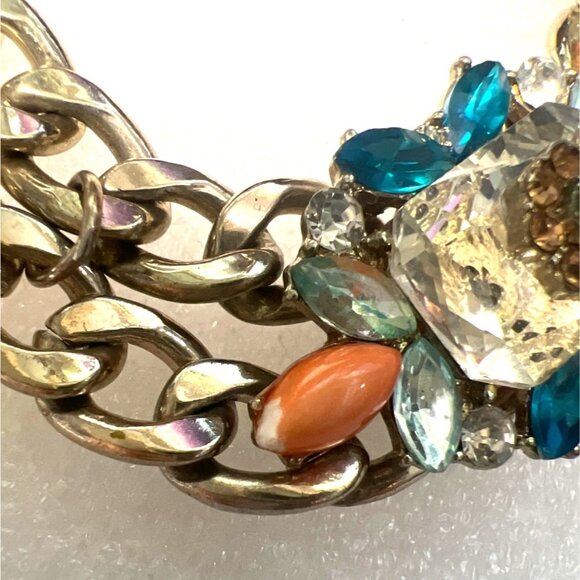 Double Chain Chunky Rhinestones Necklace Orange Teal Gold-Tone Unique Statement - Picture 5 of 12